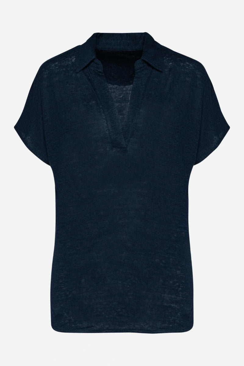 Polo donna in lino manica corta con scollo V