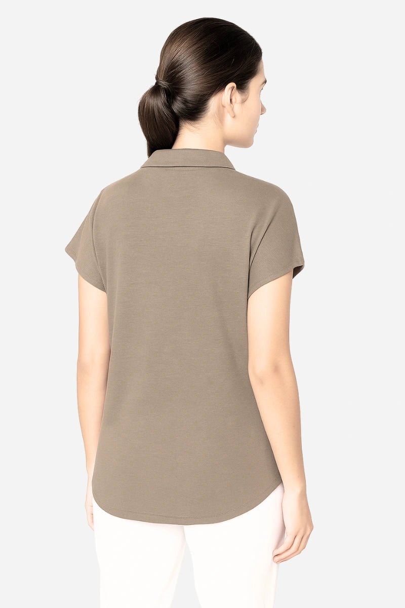 Polo donna in lino manica corta con scollo V
