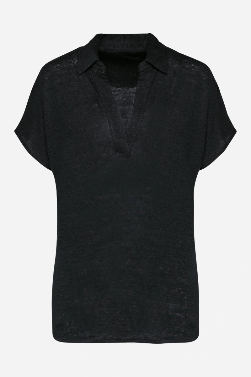 Polo donna in lino manica corta con scollo V