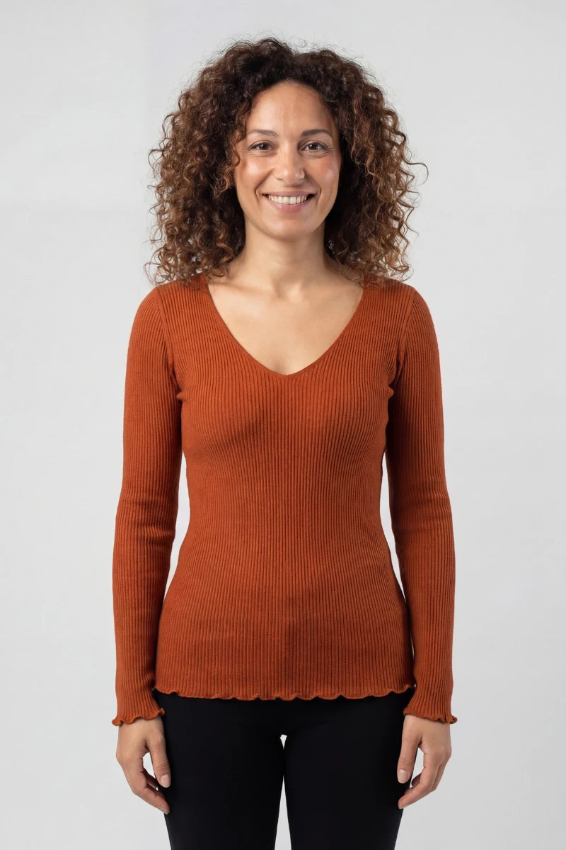 Maglia lana e seta donna manica lunga con scollo a V