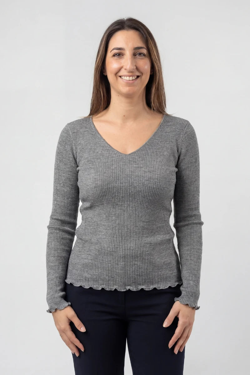 Maglia lana e seta donna manica lunga con scollo a V