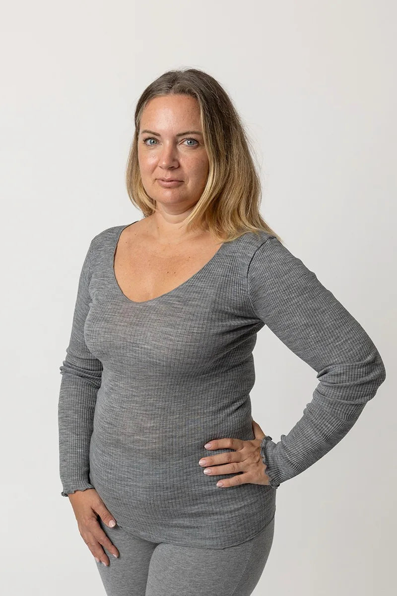 Maglia lana e seta donna manica lunga con scollo a V