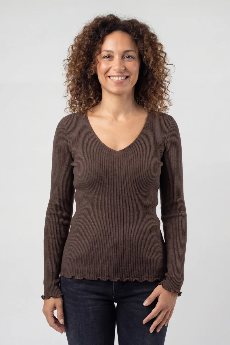 Maglia lana e seta donna manica lunga con scollo a V