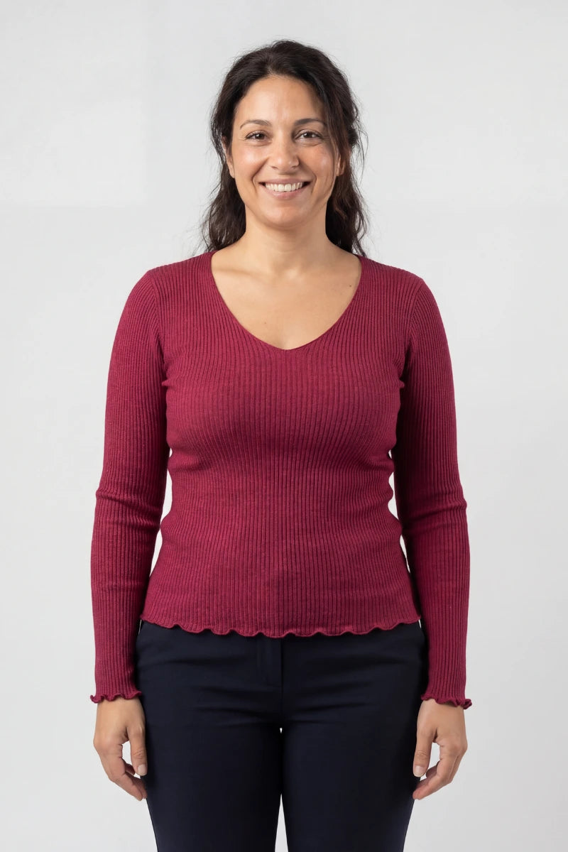 Maglia lana e seta donna manica lunga con scollo a V
