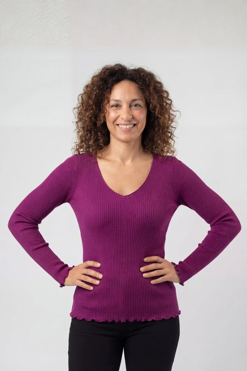 Maglia lana e seta donna manica lunga con scollo a V
