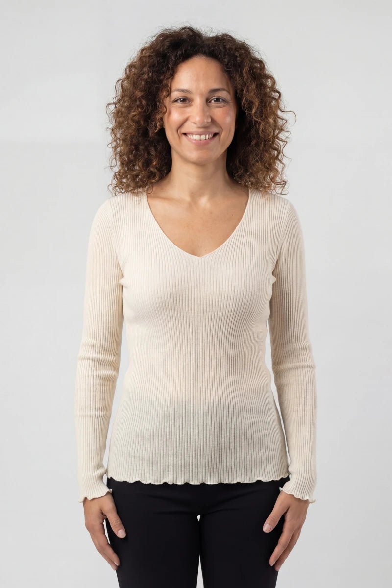 Maglia lana e seta donna manica lunga con scollo a V
