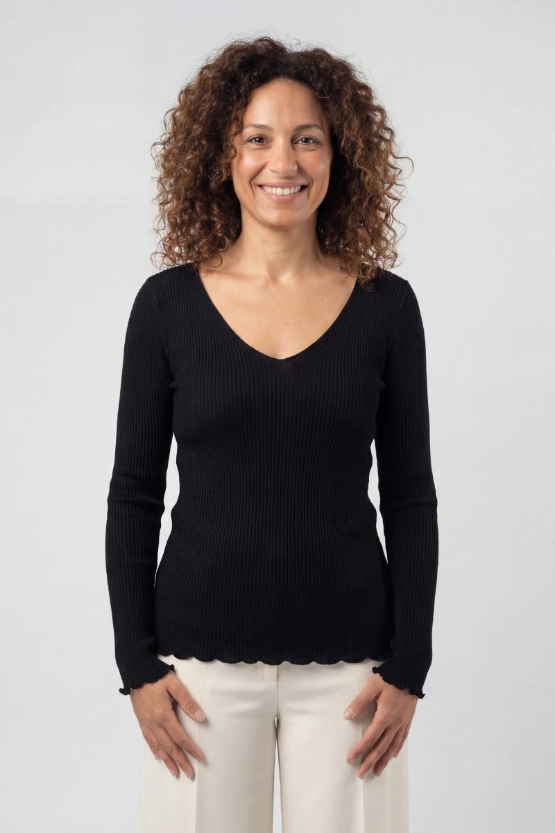 Maglia lana e seta donna manica lunga con scollo a V