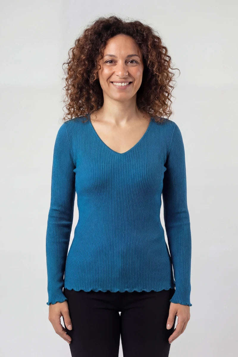 Maglia lana e seta donna manica lunga con scollo a V