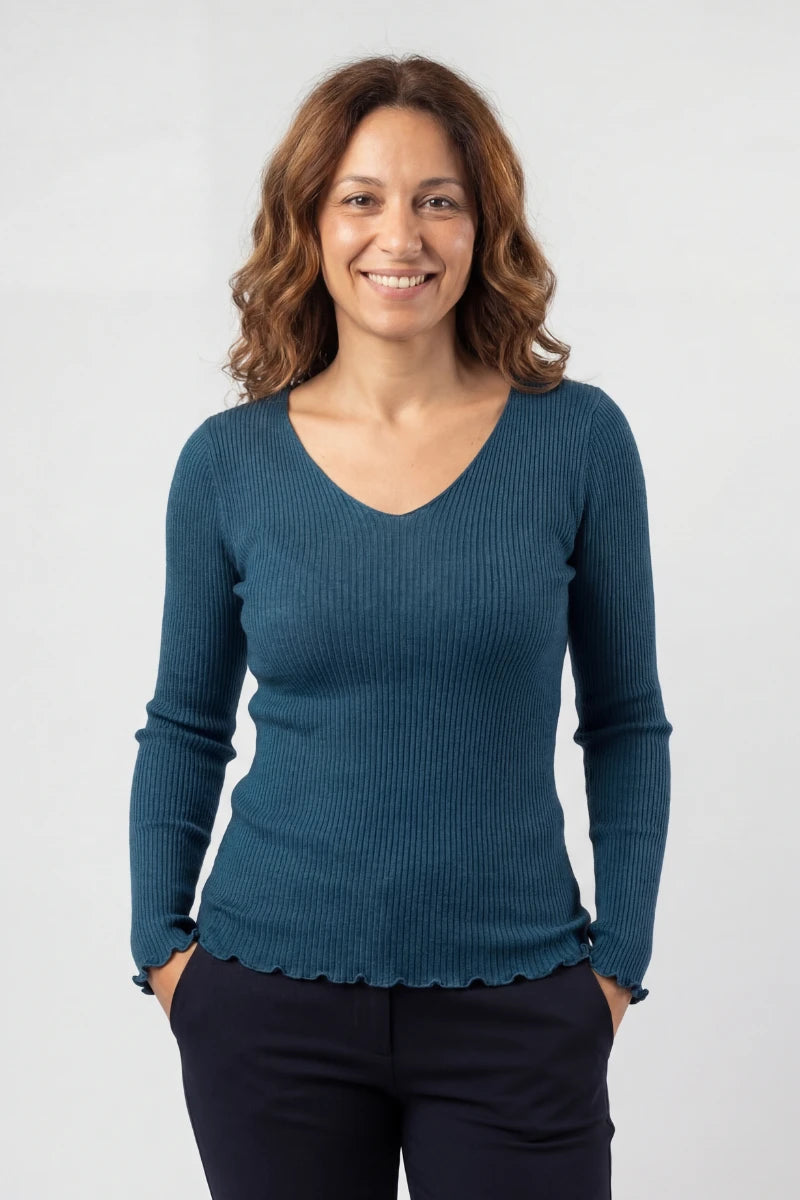 Maglia lana e seta donna manica lunga con scollo a V
