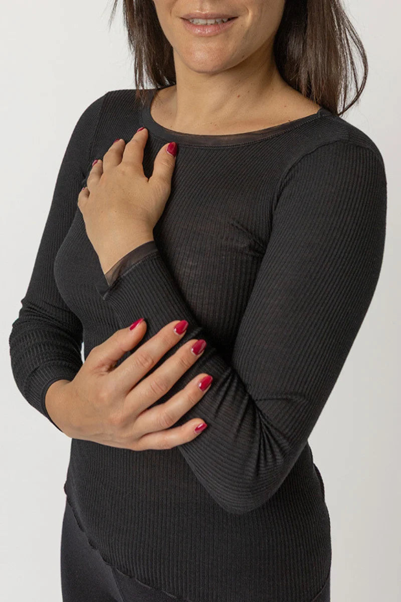 Maglia manica lunga con tulle in lana e seta