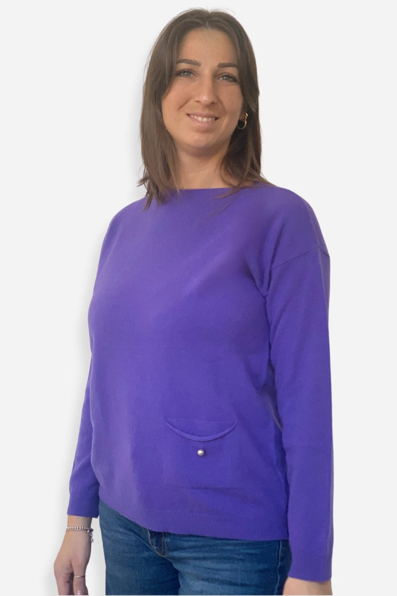 Maglioncino donna girocollo in lana e cashmere con taschina