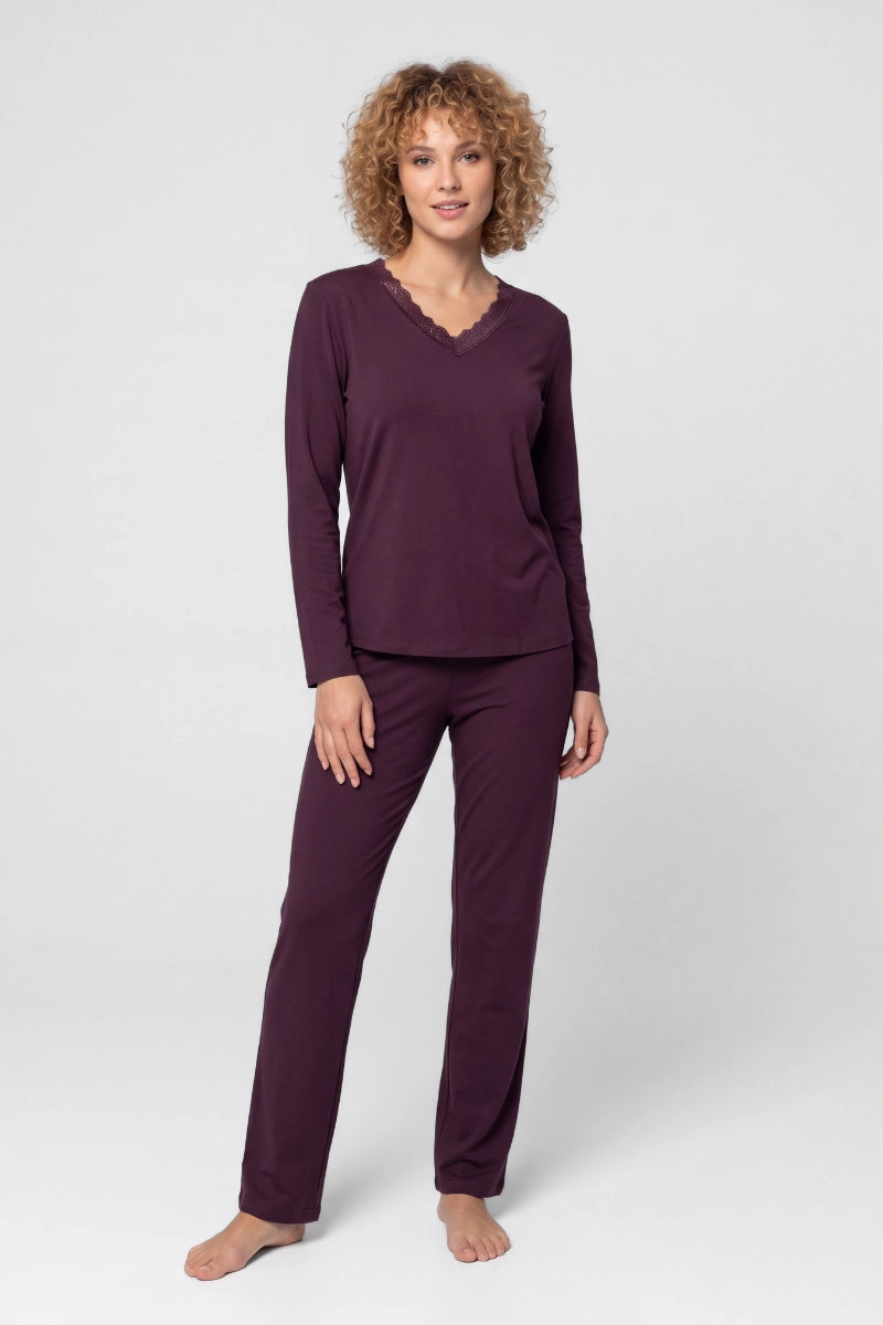 Pigiama bamboo donna con scollo a V e pizzo