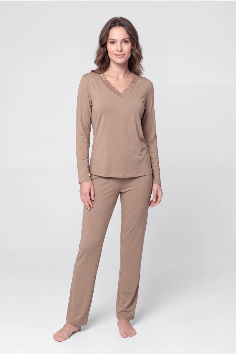 Pigiama bamboo donna con scollo a V e pizzo