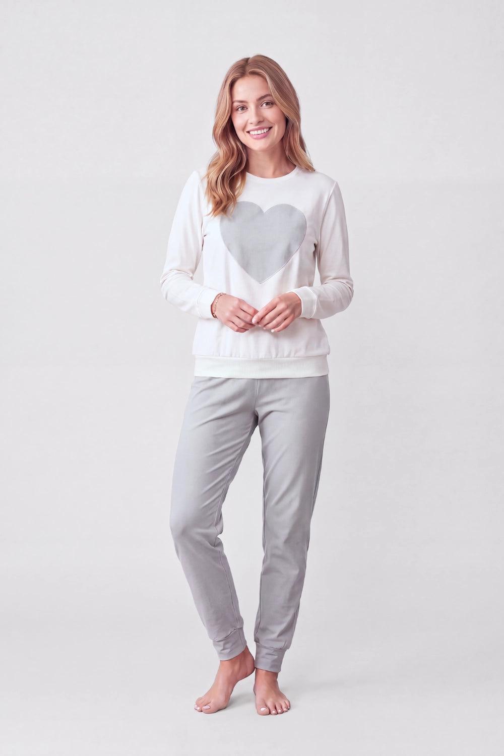 Pigiama cotone felpato donna girocollo con cuore