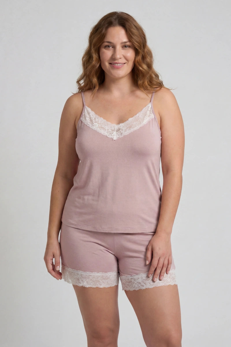 Pigiama da donna corto spallina sottile e pizzo in bamboo