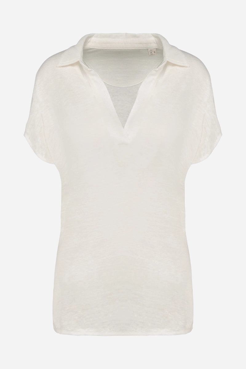 Polo donna in lino manica corta con scollo V