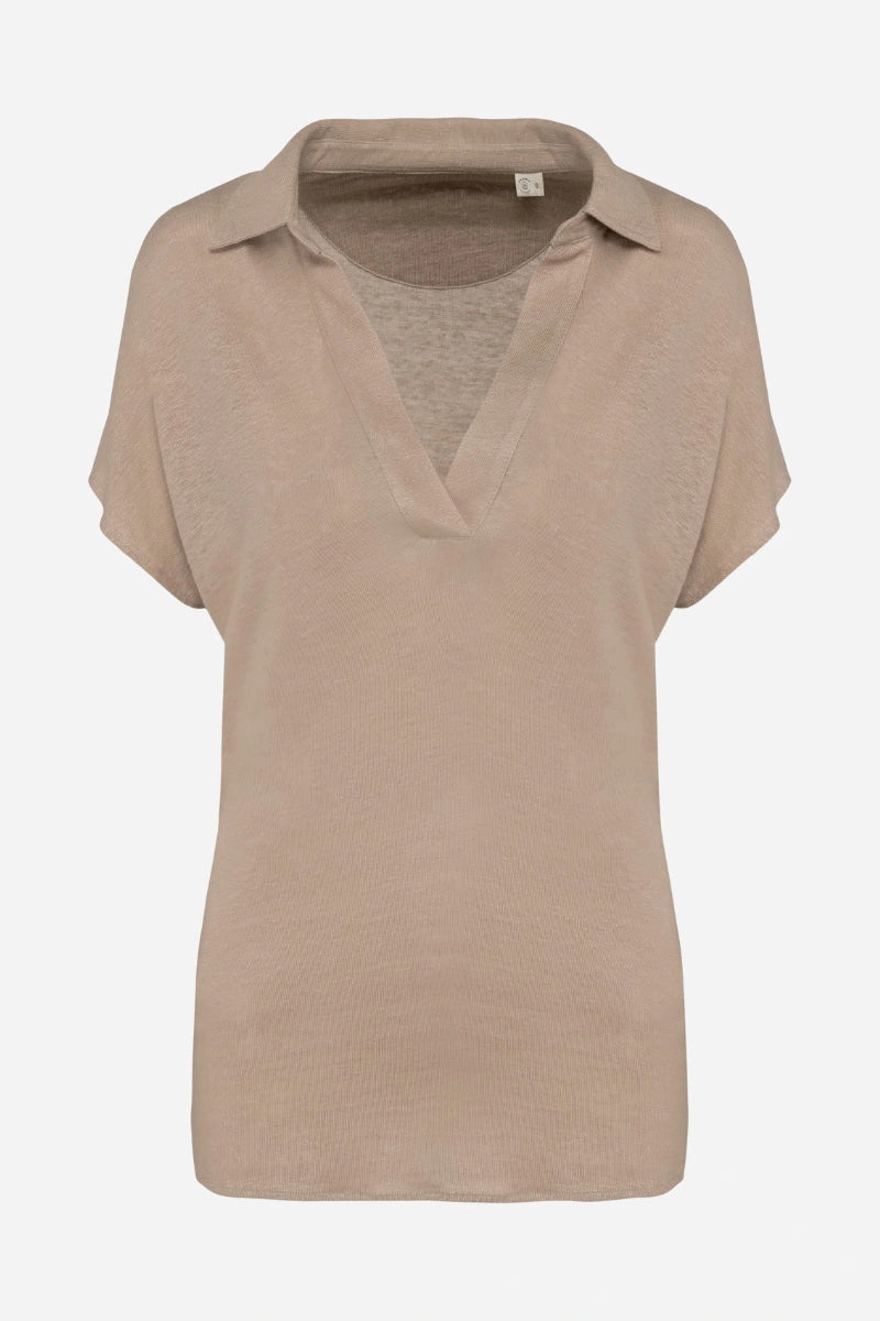 Polo donna in lino manica corta con scollo V
