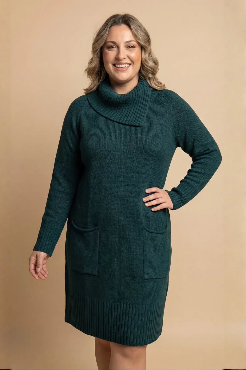 Vestito lana donna lungo con collo e tasche